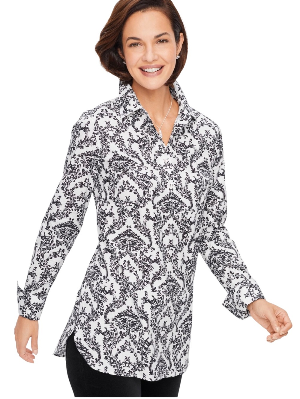 Talbots Popover No-Iron Cotton Baroque Print Black & White Paisley Button-Down L